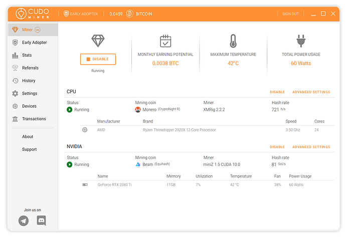 Widok na aplikacje Cudo Miner
